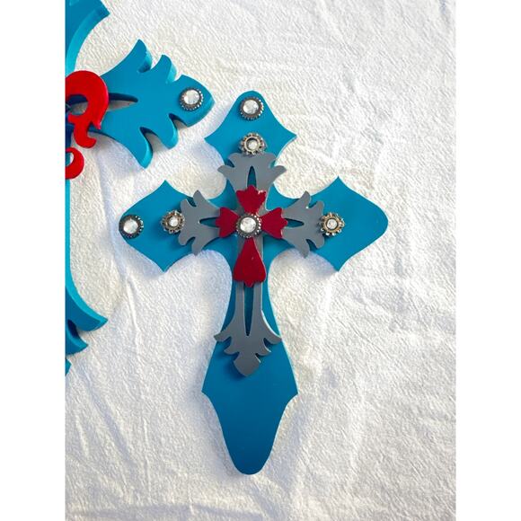 Pair of Turquoise Layered Wall Crosses – Rhinestones & Red Fleur-de-Lis - Picture 2 of 7